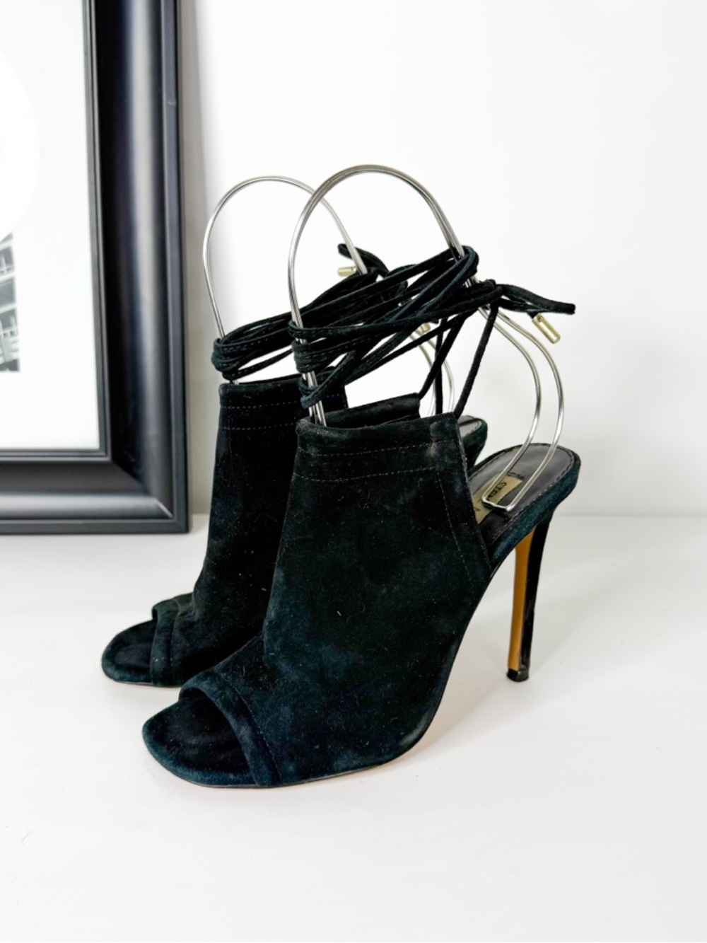 Steve Madden Black Suede Lace Up Peep Toe Heels Stiletto Booties Size 7.5